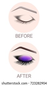 Design of eyebrows and make-up. The closed female eye before and after a make-up. Eyelash extension, eyebrow tattoo.