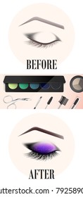 Design of eyebrows and make-up. The closed female eye before and after a make-up. A curved female eyebrow and long eyelashes. Eyelash extension, eye shine and eyebrow tattoo.