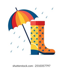 Design an eye-catching autumn-themed composition featuring rain boots, an umbrella, and falling raindrops, ideal for seasonal branding, advertising, and product packaging