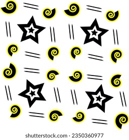 Design a fabric pattern with a black star in the middle and a yellow, black spiral.