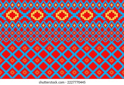 Design fabric pattern color blue sky red and yellow. Tribal ethnic seamless pattern geometric elements. Design perfect for textile, wrapping paper, wallpaper, background, batik, fabric, illustration.