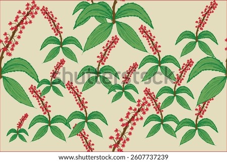 Design a fabric pattern with green leaves, red flowers, cream background, small plants, small flowers.