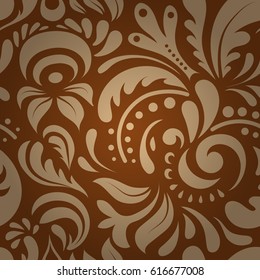 Design for fabric, textile, background, invitation, wrapping and book covers. Oriental style. Hand drawn illustration. Vector vintage doodle ornament. Damask seamless pattern in beige and brown colors