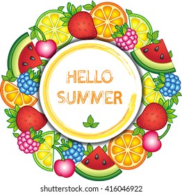  Design for fabric textile, kitchen, clothes. Fruits vector round frame. Isolated elements. Watermelon, cherry, raspberry, blueberry, strawberry, orange, lemon, and lime