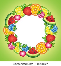 Design for fabric textile, kitchen, clothes. Fruits vector round frame. Isolated elements. Watermelon, cherry, raspberry, blueberry, strawberry, orange, lemon, and lime