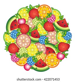 Design for fabric textile, kitchen, clothes. Summer background with tropical fruits and berries. Watermelon, cherry, raspberry, blueberry, strawberry, orange, lemon, and lime