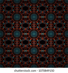 Design for fabric, wallpaper, background, invitation, wrapping and book covers. Vector vintage ornament. Oriental style. Hand drawn illustration. Damask seamless pattern in blue and orange colors.