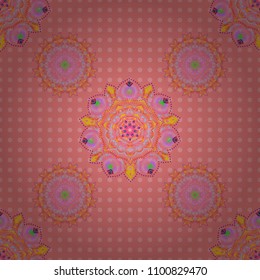 Design for fabric, wallpaper, background, invitation, wrapping and book covers. Damask seamless pattern in pink, yellow and blue colors. Hand drawn sketch. Oriental style. Vector vintage ornament.