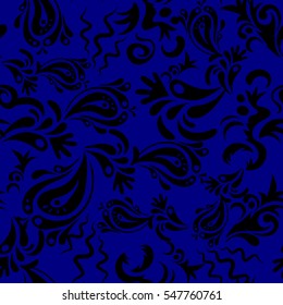 Design for fabric, wallpaper, background, invitation, wrapping and book covers. Vector vintage doodle ornament. Damask seamless pattern in blue and black colors. Oriental style. Hand drawn sketch.
