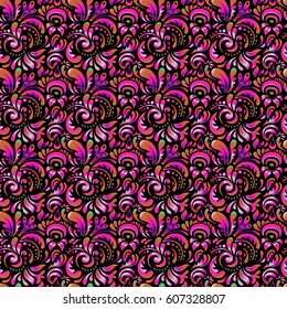 Design for fabric, wallpaper, background, invitation, wrapping and book covers. Damask seamless pattern. Vector vintage doodle ornament. Hand drawn illustration. Oriental style.