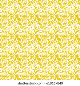Design for fabric, wallpaper, background, invitation, wrapping and book covers. Oriental style. Damask seamless pattern in yellow colors. Hand drawn illustration. Vector vintage doodle ornament.