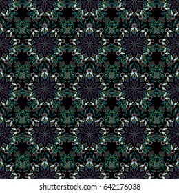Design for fabric, wallpaper, background, invitation, wrapping and book covers. Hand drawn illustration. Oriental style. Damask seamless pattern in violet and green colors. Vector vintage ornament.