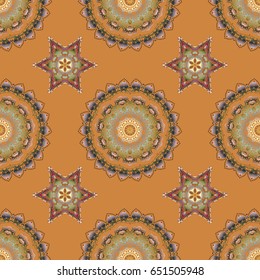 Design for fabric, wallpaper, background, invitation, wrapping and book covers. Hand drawn sketch. Vector vintage ornament. Oriental style. Damask seamless pattern in gray, purple and orange colors.