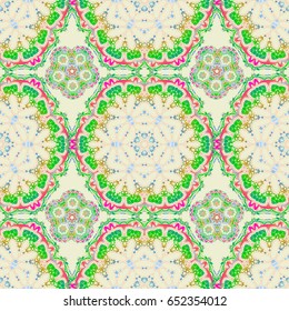Design for fabric, wallpaper, background, invitation, wrapping and book covers. Hand drawn illustration. Damask seamless pattern in blue and green colors. Vector vintage ornament. Oriental style.