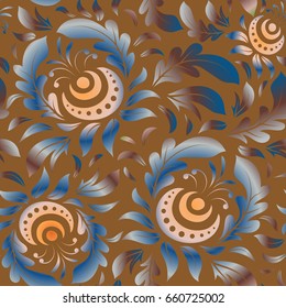 Design for fabric, wallpaper, background, invitation, wrapping and book covers. Hand drawn illustration. Vector vintage ornament. Oriental style. Damask seamless pattern in orange and brown colors.