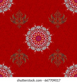 Design for fabric, wallpaper, background, invitation, wrapping and book covers. Oriental style. Damask seamless pattern in blue, pink and red colors. Hand drawn illustration. Vector vintage ornament.