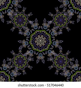 Design for fabric, wallpaper, background, wrapping and book covers. Hand drawn illustration. Vector vintage floral ornament. Oriental style. Damask seamless pattern in beige, orange and violet colors.