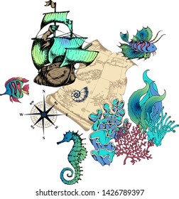 Design of fantastic fishes and sea voyages. Vector illustration. Suitable for postcards, posters, design decoration and the like
