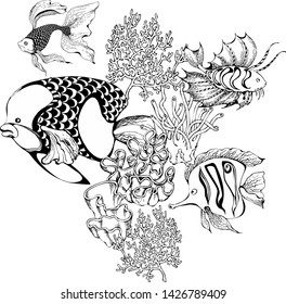 Design of fantastic fishes and sea voyages. Vector illustration. Suitable for postcards, posters, design decoration and the like