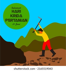 Design of a farmer hoeing on a hill. happy agricultural krida day text. June 21. vector illustration