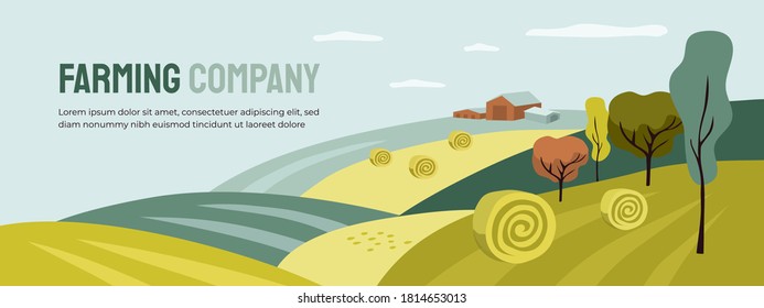 Diseño agrícola con campo y construcción. Paisaje agrícola, rollos de heno, paisaje panorámico del campo. Ilustración horizontal de la cosecha, naturaleza otoñal. Banner vectorial, volante, disposición