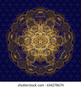 Design for fashion banner, cover, save the date card, wedding or birthday party invitation. Gold vector mandala with peacock feather. Abstract oriental mandala frame with decorative golden foil.