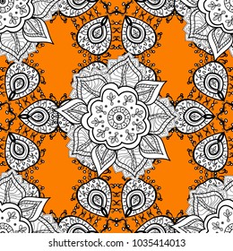 Design for fashion banner, label, bridal shower or wedding invitation. White, orange and black back. Vector oriental ornament frame with decorative colored foil.