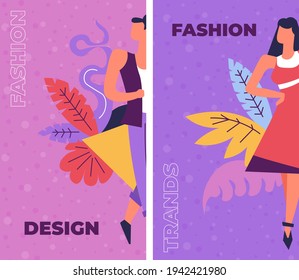 Design and fashion, learning basics on courses and classes. Fashionable females wearing stylish clothes, decorative leaves and foliage. Tailoring and dressmaking hobbies. Vector in flat style