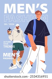 Design of fashion magazine cover. Template of poster with men in brands' clothes. Stylish boys wearing trendy outfits. Male models on vogue page with headlines, text. Flat vector illustration