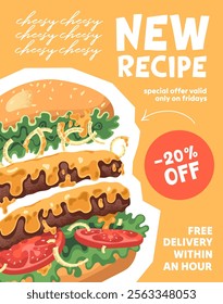 Design of fast food restaurant voucher card. Template of discount, gift coupon of fastfood. Sale flyer with special offer, price off, free delivery of burgers, hamburgers. Flat vector illustration