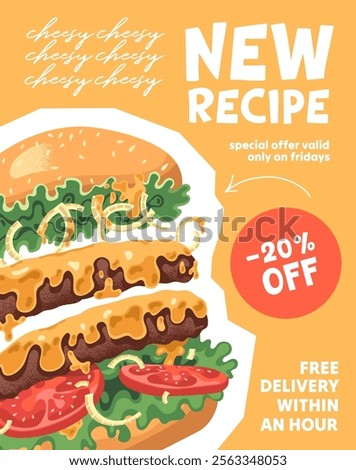 Design of fast food restaurant voucher card. Template of discount, gift coupon of fastfood. Sale flyer with special offer, price off, free delivery of burgers, hamburgers. Flat vector illustration