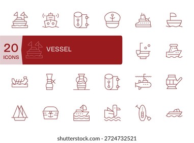 Diseñe más rápido con 20 iconos de líneas finas para Vessel, estructurados para cuadrículas y espaciados consistentes.