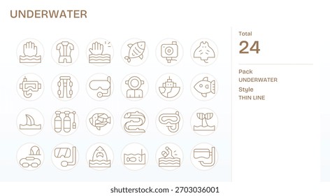 Design faster with 24 Thin Line icons for Underwater, structured for consistent grids and spacing.