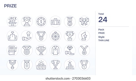 Diseña más rápido con 24 iconos de líneas finas para premios, estructurados para cuadrículas consistentes y espaciado.