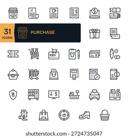 Projete mais rapidamente com 35 ícones de linha regular para compra, estruturados para grades e espaçamento consistentes.