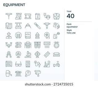 Diseñe más rápido con 40 iconos de líneas finas para equipos, estructurados para cuadrículas y espaciados consistentes.