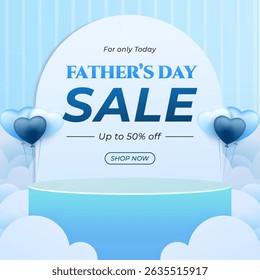 Design of a Fathers Day promotional banner featuring blue heart balloons and modern typography, a perfect template for retail campaigns. Captures an atmosphere of celebration and shopping discounts.