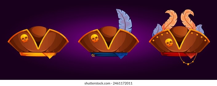 design; feathers; scarf; trophies; progress; game; studs; chain; gold; torn; icon; illustration; cartoon; vector; graphic; skull; brown; yellow; blue; purple; hats; orange; 