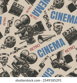 El diseño cuenta con una variedad de equipos de cine retro que incluyen cámaras, carretes de película y proyectores. El texto en negrita agrega un toque vintage que celebra el arte de la cinematografía.