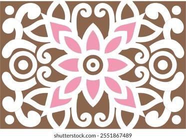 The design features a beautiful and intricate pattern. At the center, there’s a stylized flower with pink petals, designed in layers to create a sense of depth. Surrounding this central motif are deta