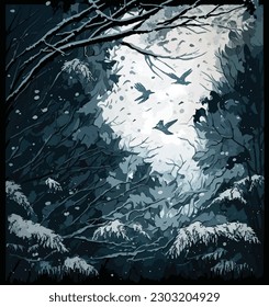 The design features a beautiful winter landscape, with snow-covered tree branches in the foreground, and trees stretching out into the distance. 