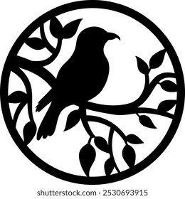 Design features a black bird silhouette perched on a branch with leaves enclosed in a circle. This laser cutting template in a round shape is perfect for creating decorative pieces for wall decor.