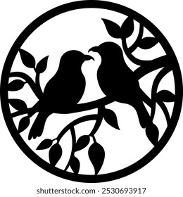 Design features a black bird silhouette perched on a branch with leaves enclosed in a circle. This laser cutting template in a round shape is perfect for creating decorative pieces for wall decor.