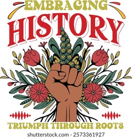 The design features a bold, raised fist symbolizing strength and unity, surrounded by vibrant flowers and plants, with the phrases "Embracing History" and "Triumph Through Roots"