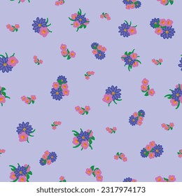 The design features bouquets of blue and purple daisies and pink flowers on a lavender background creating a ditzy seamless repeat pattern.