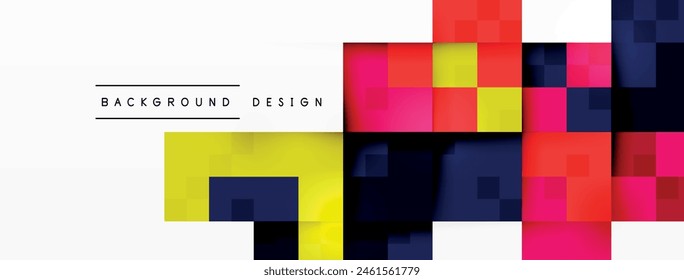 The design features a colorful background with a geometric pattern of squares in magenta and electric blue on a white background. The artwork showcases symmetry and parallel lines