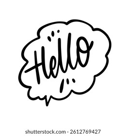 The design features a creative speech bubble with the word Hello in stylish lettering, making it engaging