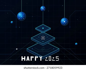 El diseño presenta Formas geométricas en capas con esferas azules brillantes arriba. El texto dice feliz 2025. El fondo es oscuro con líneas y puntos que crean una sensación digital.