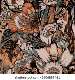 The design features a lively floral pattern with an interplay of various shapes and colors. It includes vibrant orange blossoms and delicate white flowers, set against deep green foliage