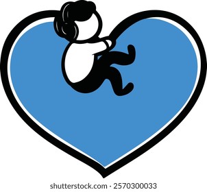 The design features playful, simple cartoon characters paired with blue hearts to create a whimsical and fun Valentine's Day illustration. The character is drawn in a casual and relaxed style that add